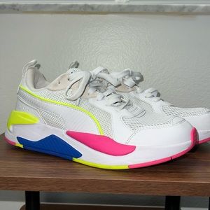 Puma X-ray sneaker. White with Neon green/pink/blue accents. Size womens 8